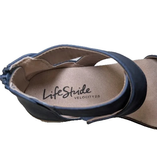 LifeStride Womens Zoom Navy Flatform Sandals Shoes | 8 Medium | Zipper Back Box