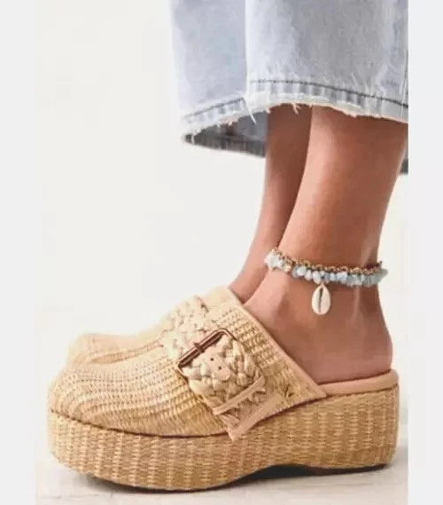 Sam Edelman Circus NY Jacey Natural Raffia Platform Clog Mule Wedge Slide Sz 7.5