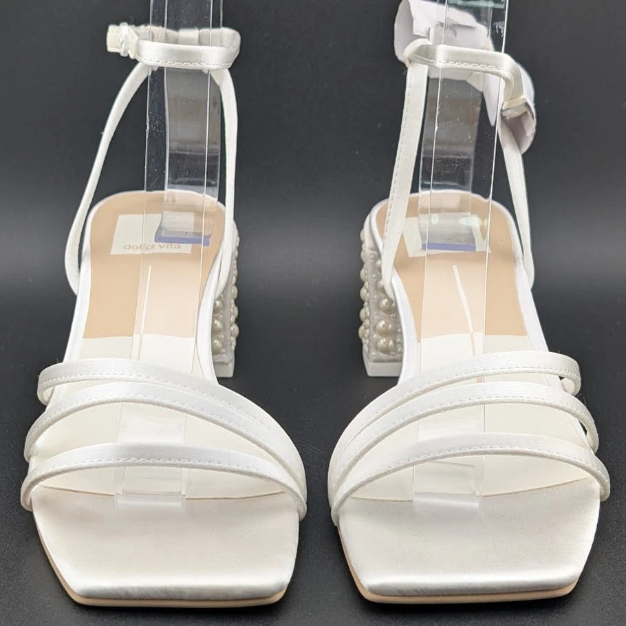 Dolce Vita Women's Sz 6 Ysabel Pearl 2.4" Chunk Heeled Sandal True White Satin SoleComfort.shoes