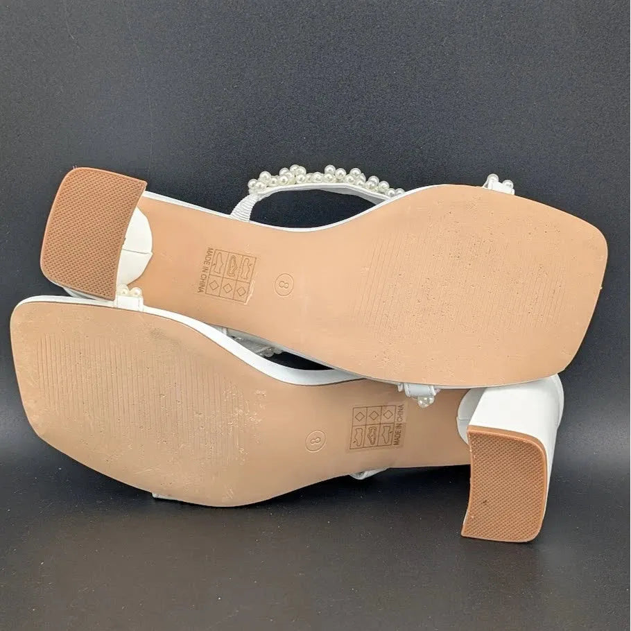 Womens Sz 8 Pearl Sandals Low Square Open Toe Block Chunky Heels Slip On Slides Avidirk