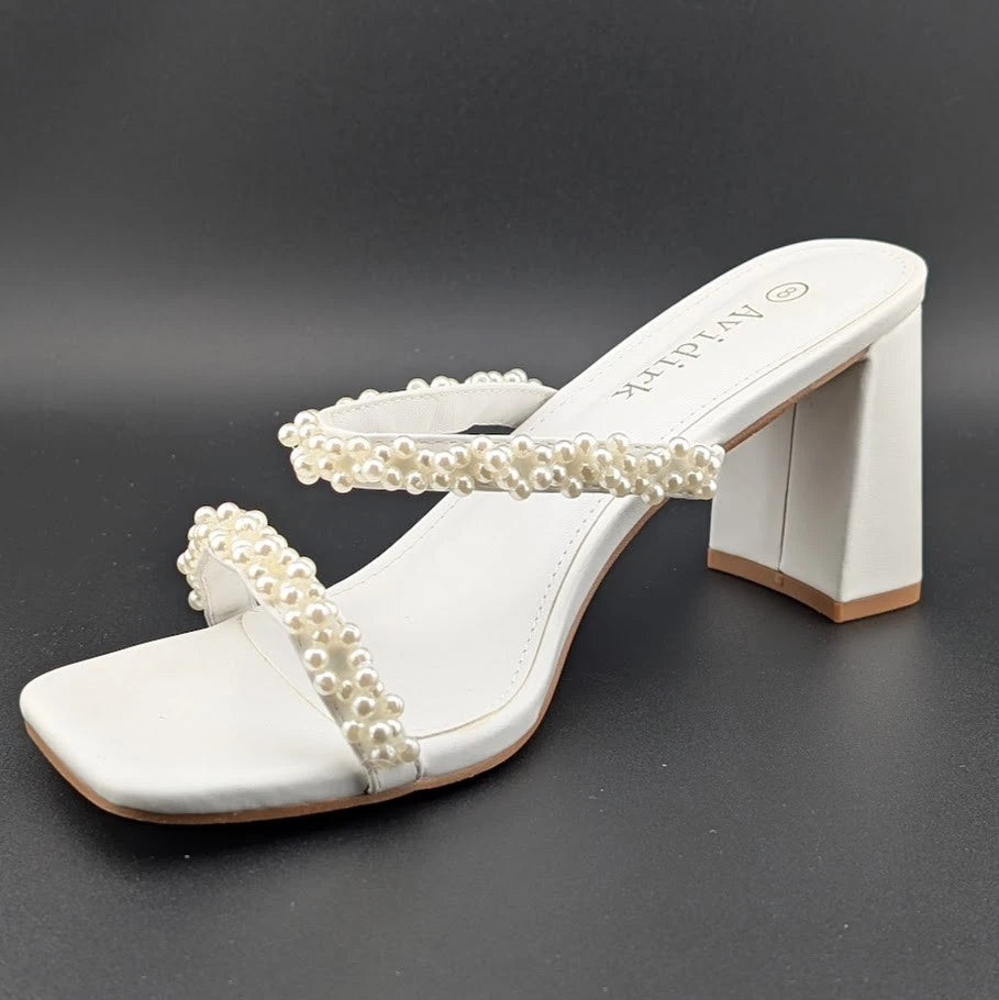 Womens Sz 8 Pearl Sandals Low Square Open Toe Block Chunky Heels Slip On Slides Avidirk