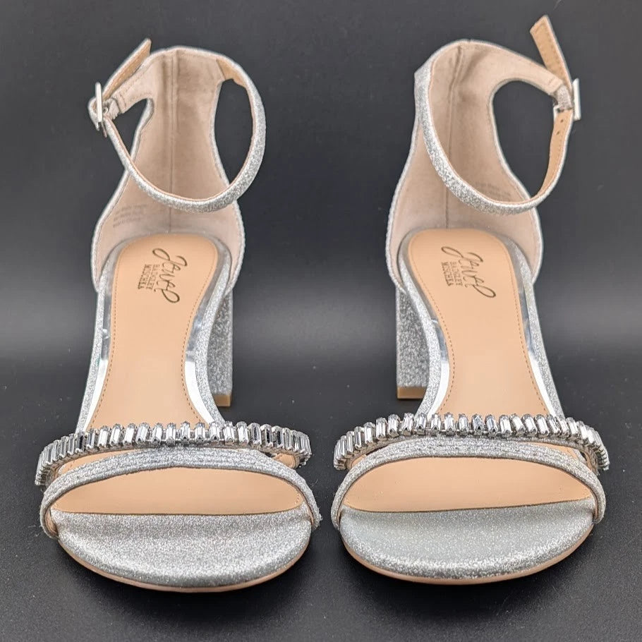 JEWEL BADGLEY MISCHKA Womens 10M Silver Joanne Open Toe Block Heel Sandal SoleComfort.shoes