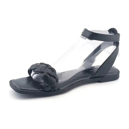 Time And Tru Womens Black Open Toe Braided Ankle Strap Square Toe Sandals Size 8 - SoleComfort.shoes
