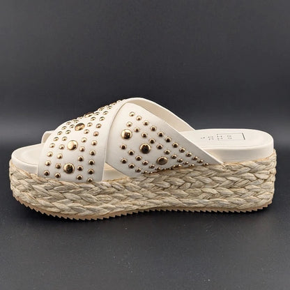 SHUSHOP Kaia | Womens 8M| Platform Sandals Bone w/ Gold Studs | New in Box SoleComfort.shoes