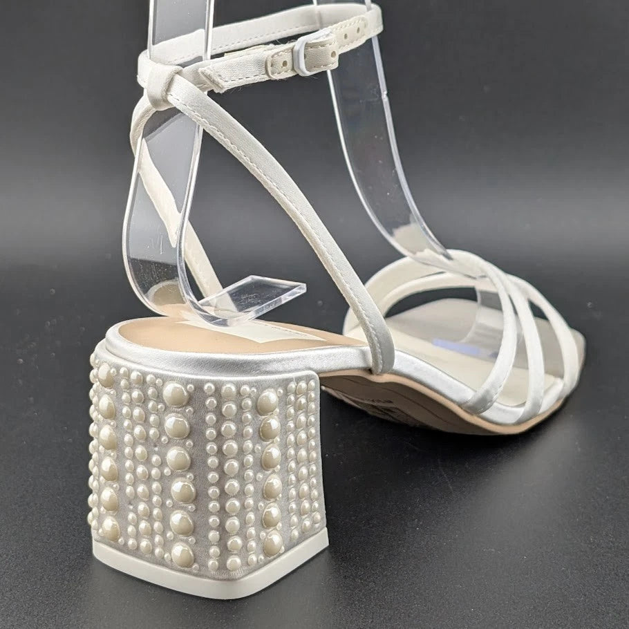 Dolce Vita Women's Sz 6 Ysabel Pearl 2.4" Chunk Heeled Sandal True White Satin SoleComfort.shoes