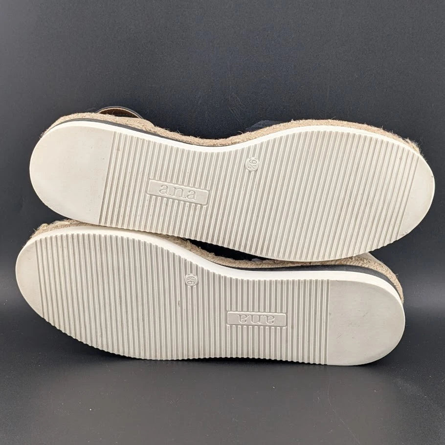 a.n.a Womens Size 9.5M Clara Wedge Sandal Espadrilles w/ Rubber Soles - Black SoleComfort.shoes