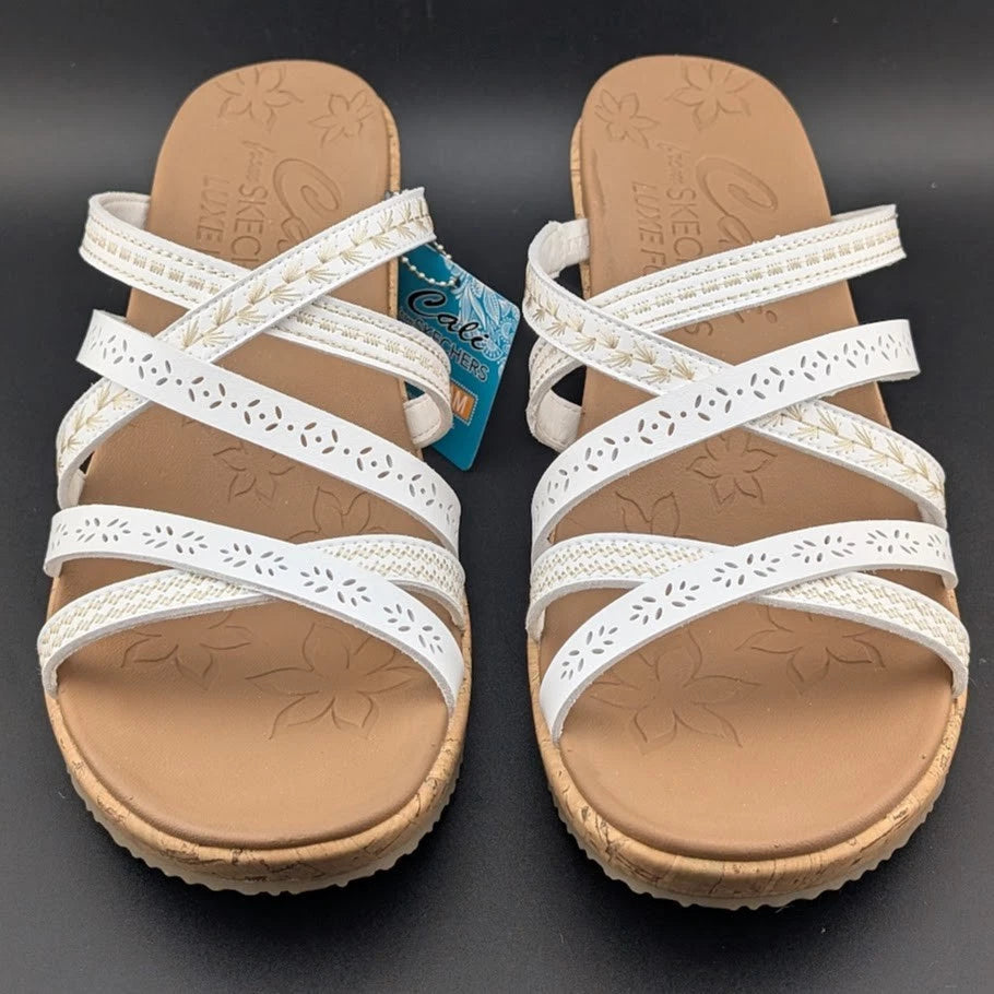 Skechers Cali Size US 11 Luxe Foam Tan White Cork Wedge Heel Sandals 31714/WHT SoleComfort.shoes