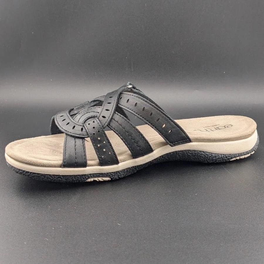 Reconditioned Earth Women's Size 11M Sassoni Strappy Slip On Sandals in Black Leather Earth Origins