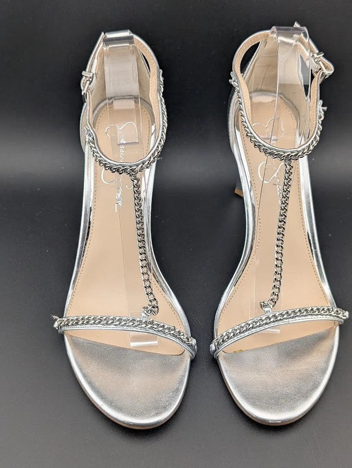 Jessica Simpson Size 9. 5 Qiven Faux Leather 4-in Heels T-Strap Chain Silver NEW SoleComfort.shoes