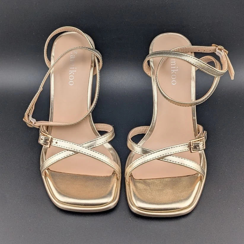 Women's Size 6 Gold Hi Strappy 3.5" Stiletto Heel Open Toe Sandal side buckle SoleComfort.shoes