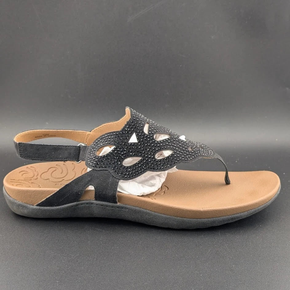 Rockport Sandals Womens Ridge Black 10 Leather Thong Slingback Shoe w/ Sparkles SoleComfort.shoes