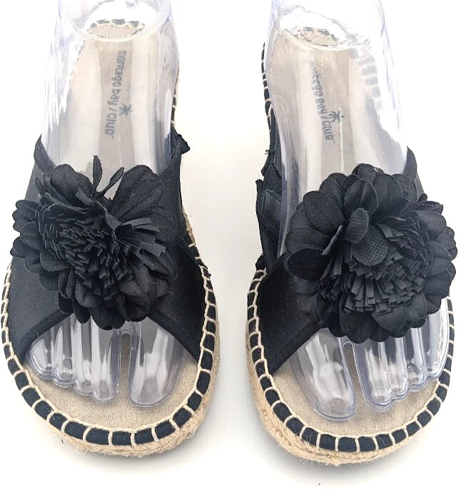 Montego Bay Club Black Fabric Flower Espadrille Wedge Sandal US size 8M