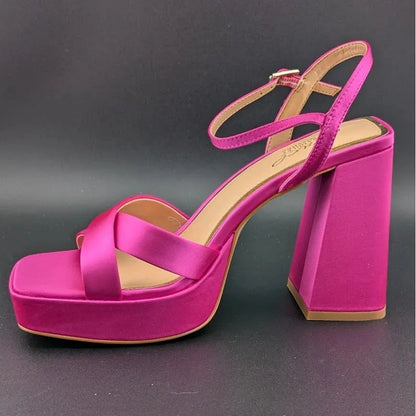 NEW | Jewel Badgley Mischka Sz 8 Rainbow Chunky Platforms Pink Satin JW4628 SoleComfort.shoes