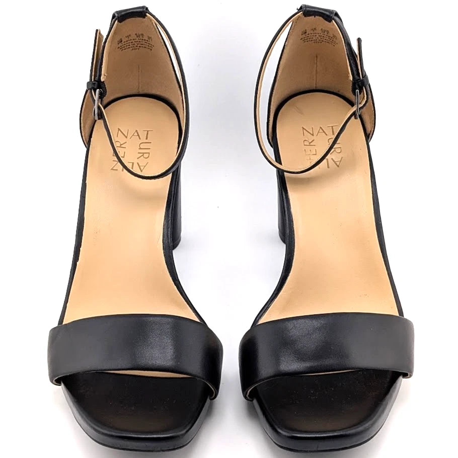 Naturalizer Women's Size 9.5W Joy Black Leather Sandals with 4" Chunky Heels SoleComfort.shoes