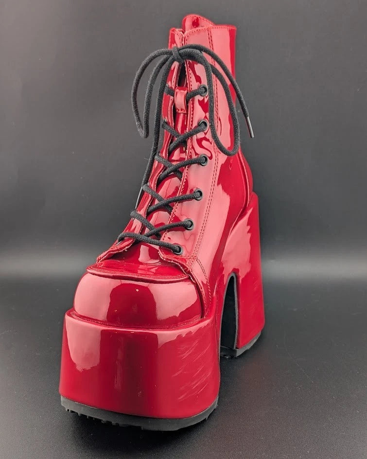 Red Patent Platform Boots Festival Rave Burning Man Gogo Dancer Shoes Demonia SoleComfort.shoes