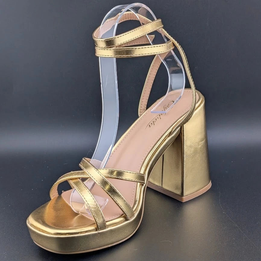 Gufobela Women's Size 7 Gold Hi Strappy Platform 4" Chunky Heel Open Toe Sandals Unbranded