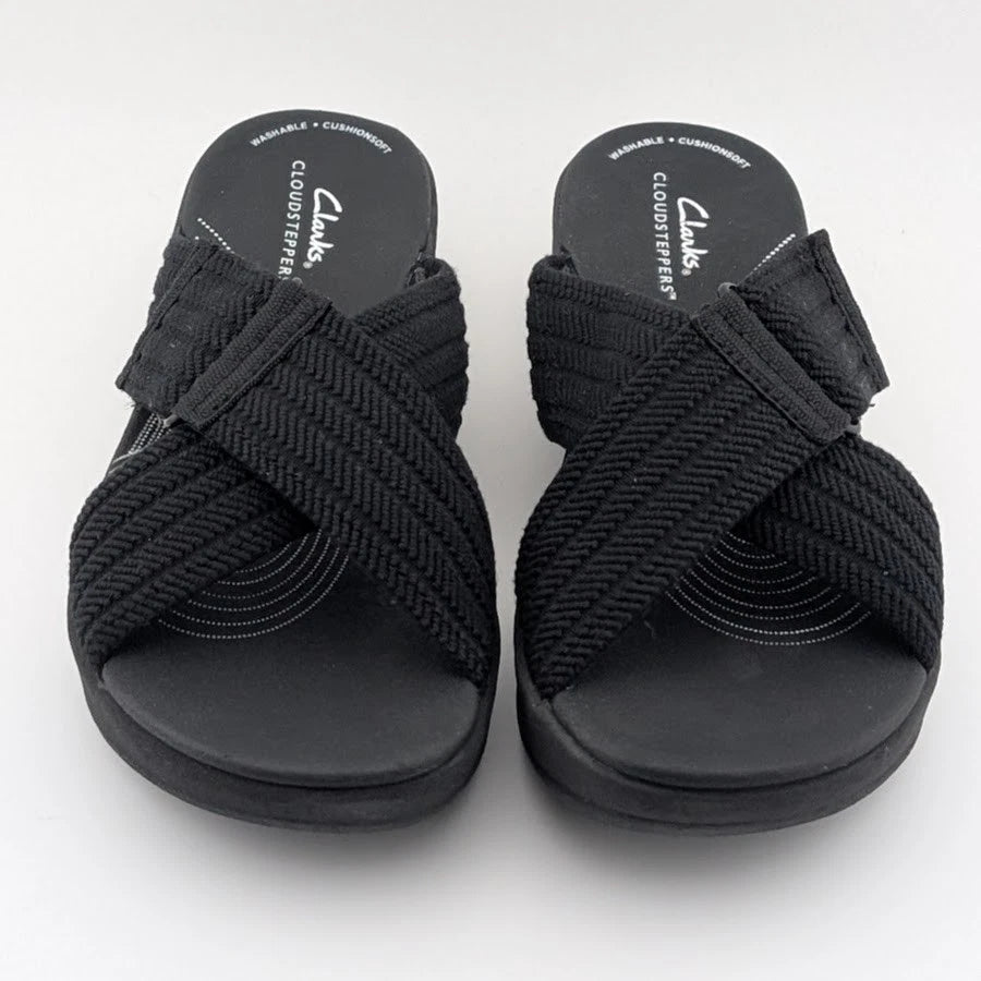 Reconditioned- Women's Clarks, Arla Wave Adjustable Sandal 76960 Black Size 6M Cloudstepper Clarks