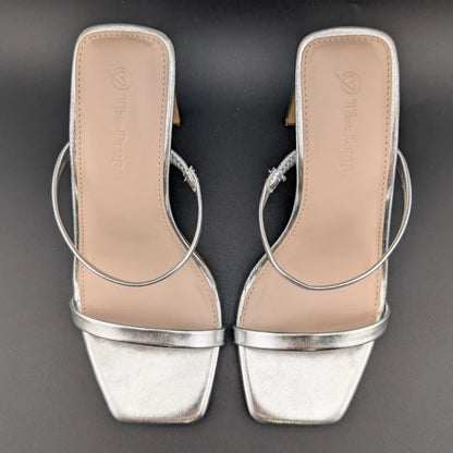 The Drop Size 8 Avery Women"s 3.5" Chunky Heel Toffee Brown Square Toe  Slide Sandals The Drop