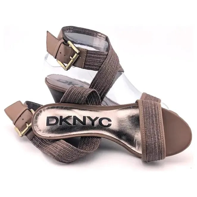DKNY Wedge Sandals With Buckle Elastic Straps Brown Metallic Size 5.5 DKNY