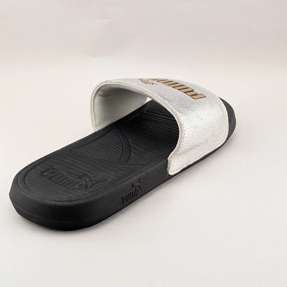 Puma Size Cool Cat 2.0 Silver & Gold Logo Soft Slides Men’s Slip-On Sandals Puma