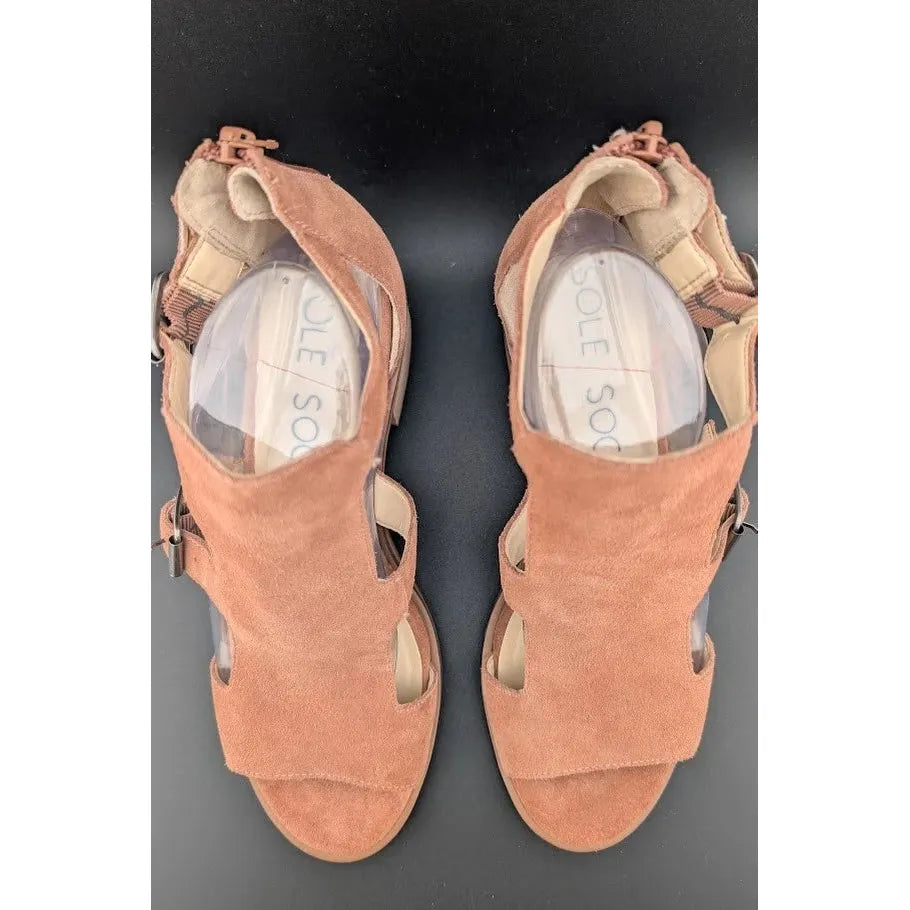 Sole Society Size 9M So-Tonni Open Toe Suede Ankle Booties Sunset Tan Sandal SoleComfort.shoes