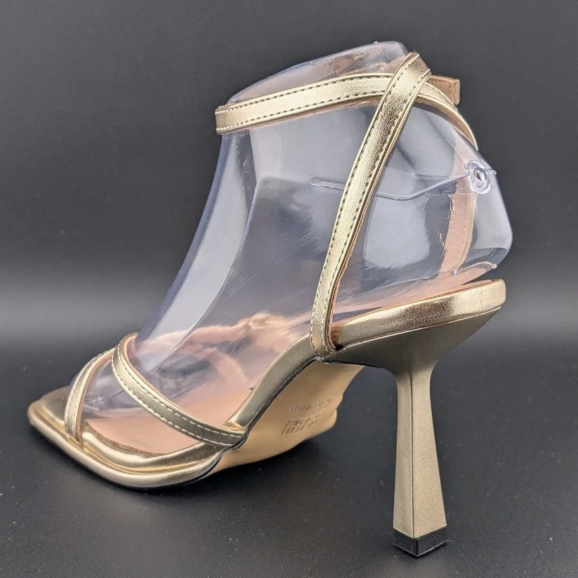 Women's Size 6 Gold Hi Strappy 3.5" Stiletto Heel Open Toe Sandal side buckle SoleComfort.shoes