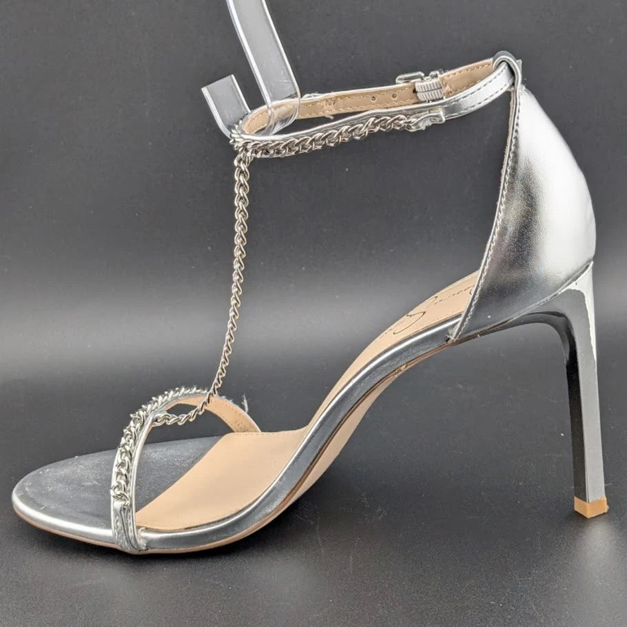 Jessica Simpson Size 9. 5 Qiven Faux Leather 4-in Heels T-Strap Chain Silver NEW SoleComfort.shoes