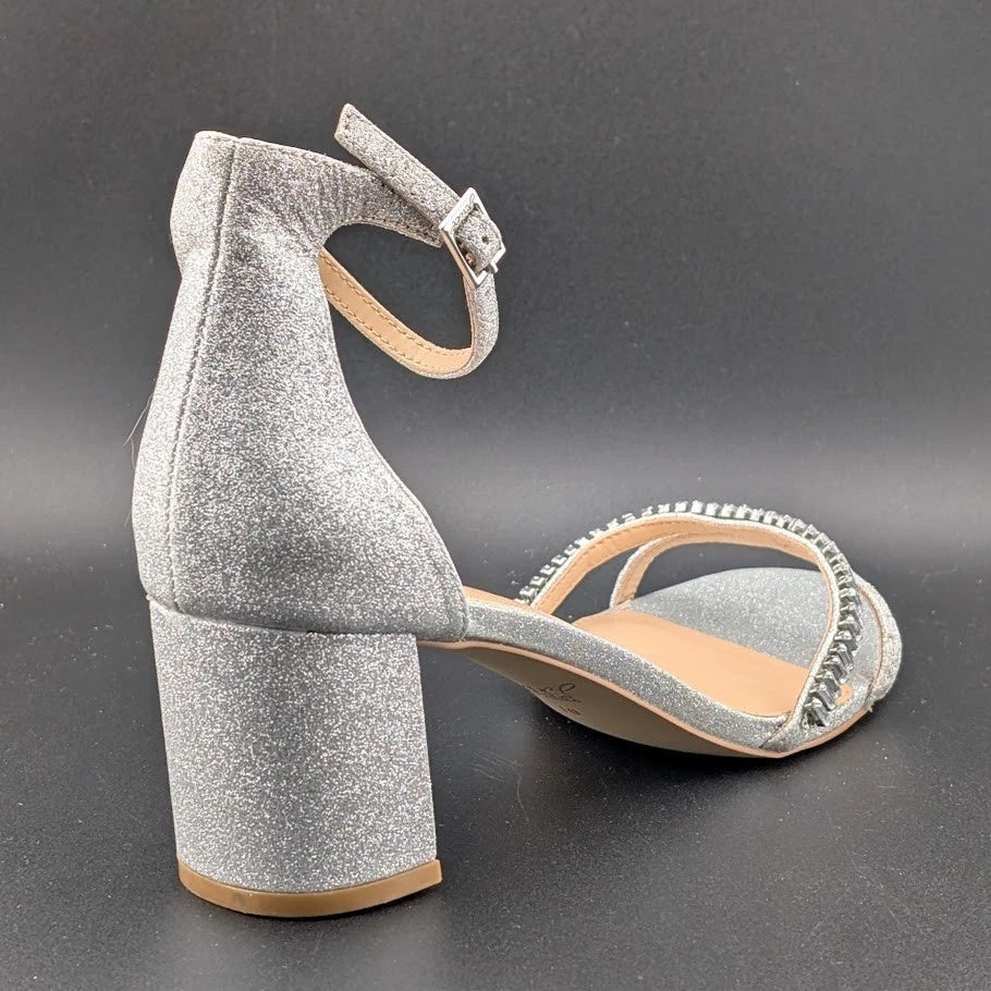 JEWEL BADGLEY MISCHKA Womens 10M Silver Joanne Open Toe Block Heel Sandal SoleComfort.shoes