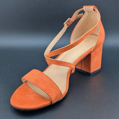 Women Size 7 Chunky Heel Cross-Strap Sandals Open Toe Wedding Dress Faux Suede SoleComfort.shoes