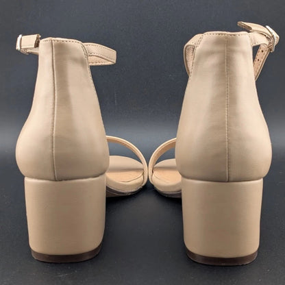 Women's Sz 7 Ankle Strap Heeled Sandals Open Round Toe Strappy Mid Block Heels SoleComfort.shoes