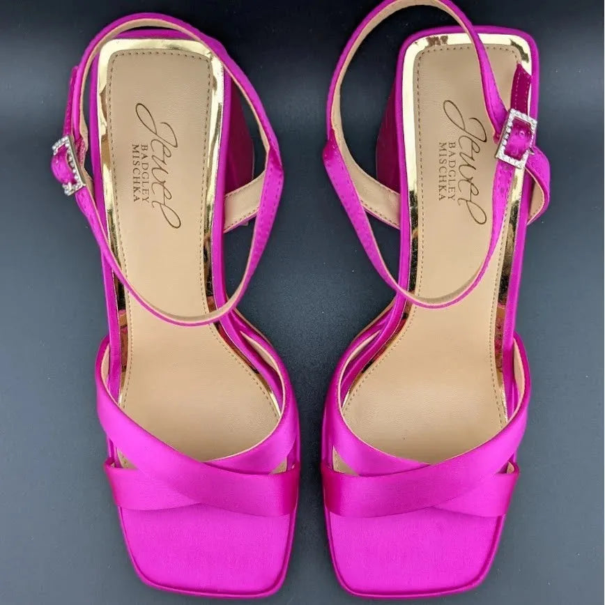 NEW | Jewel Badgley Mischka Sz 8 Rainbow Chunky Platforms Pink Satin JW4628 SoleComfort.shoes
