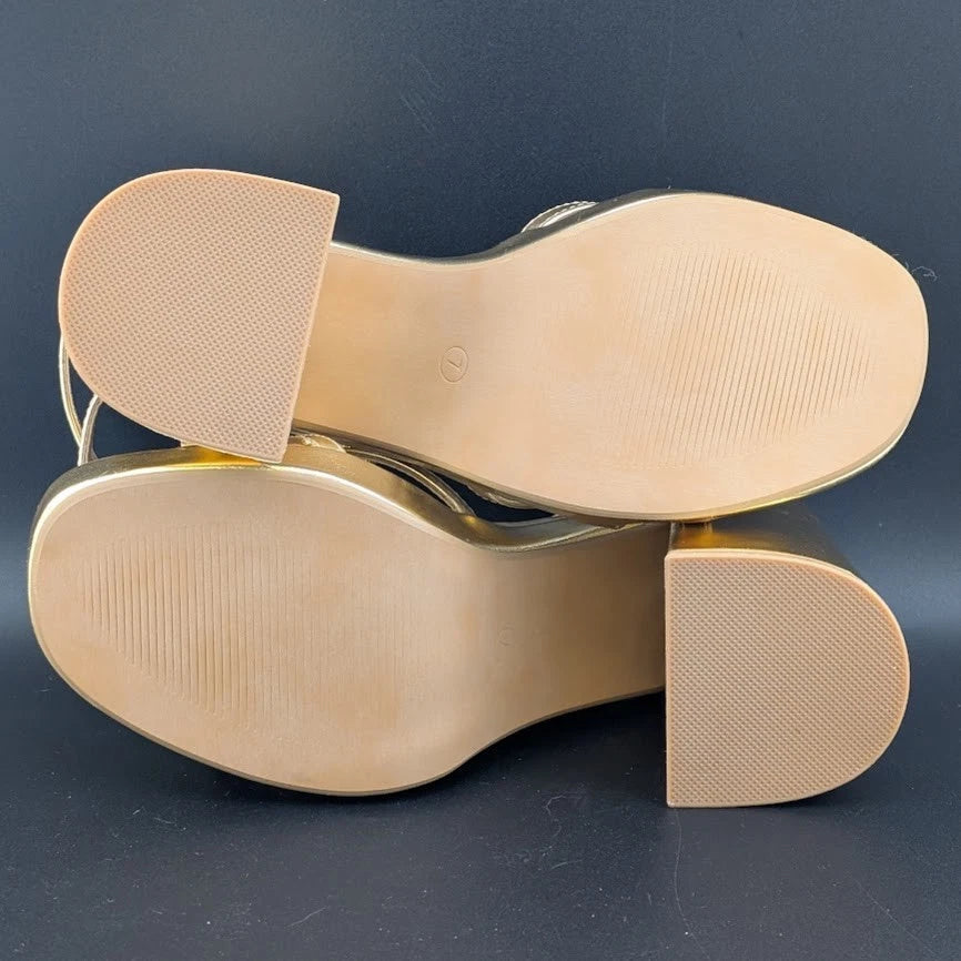 Gufobela Women's Size 7 Gold Hi Strappy Platform 4" Chunky Heel Open Toe Sandals Unbranded