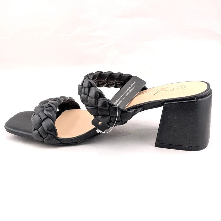 Women's Sz 7.5 Braided Heeled Sandals Strappy Square Toe Backless Mules Slip On SoleComfort.shoes