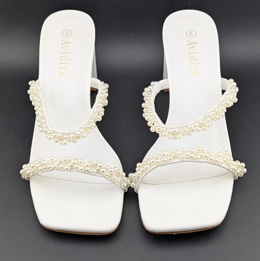 Womens Sz 8 Pearl Sandals Low Square Open Toe Block Chunky Heels Slip On Slides Avidirk