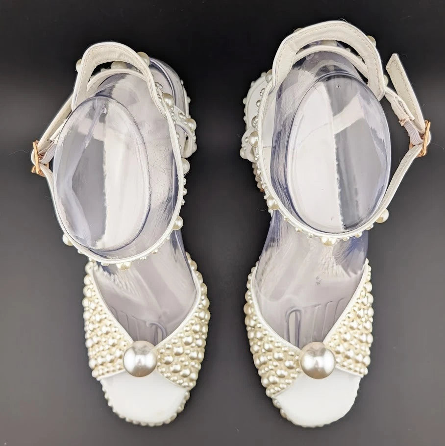 Womens EU 40 Open Toe Pearl Platform Heels Chunky Buckle Ankle (US 9-9.5) SoleComfort.shoes