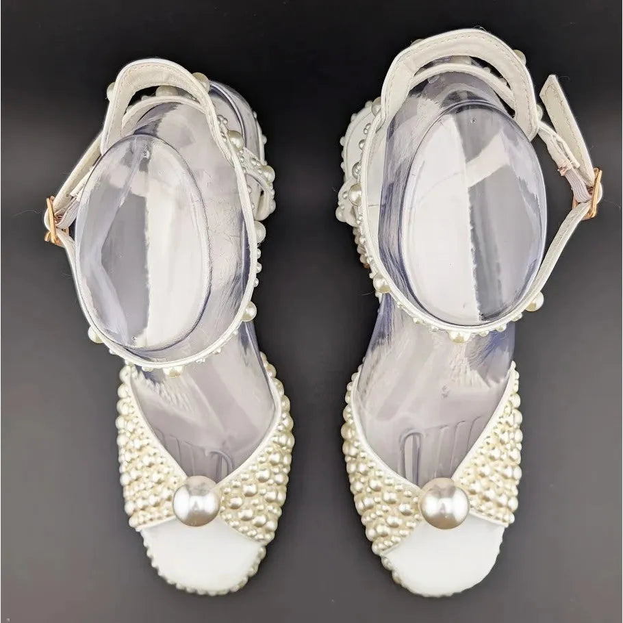 Womens EU 40 Open Toe Pearl Platform Heels Chunky Buckle Ankle (US 9-9.5) SoleComfort.shoes