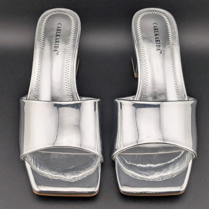 Carl Karida Size 7.5 Women's Silver Metallic Slip On Chunky Heeled Mules Luxury SoleComfort.shoes