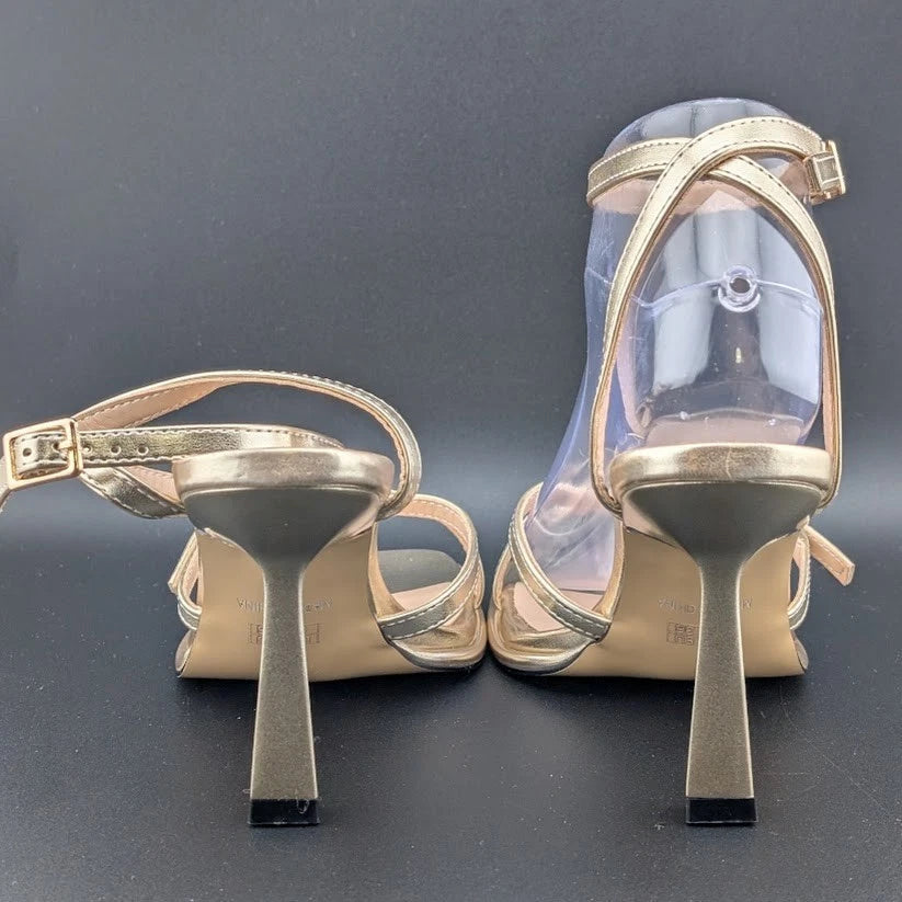 Women's Size 6 Gold Hi Strappy 3.5" Stiletto Heel Open Toe Sandal side buckle SoleComfort.shoes