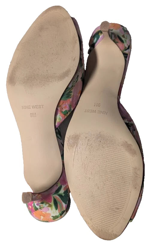 Pre-Owned Nine West Women's Luvlie Heeled Slide Sandal Size 9 Pink Floral Fabric