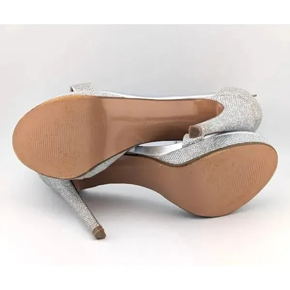 Pre-owned IDIFU Stiletto Platform Sandals Women's Size 8.5 SILVER Glitter Dressy Open Toe - SoleComfort.shoes