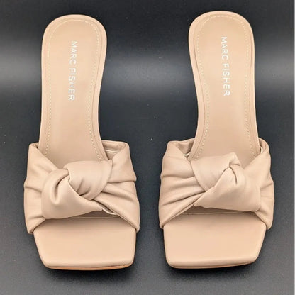 MARC FISHER DALIOT Beige/Tan Square Toe Mule Heeled Sandals with Knot Super Soft SoleComfort.shoes