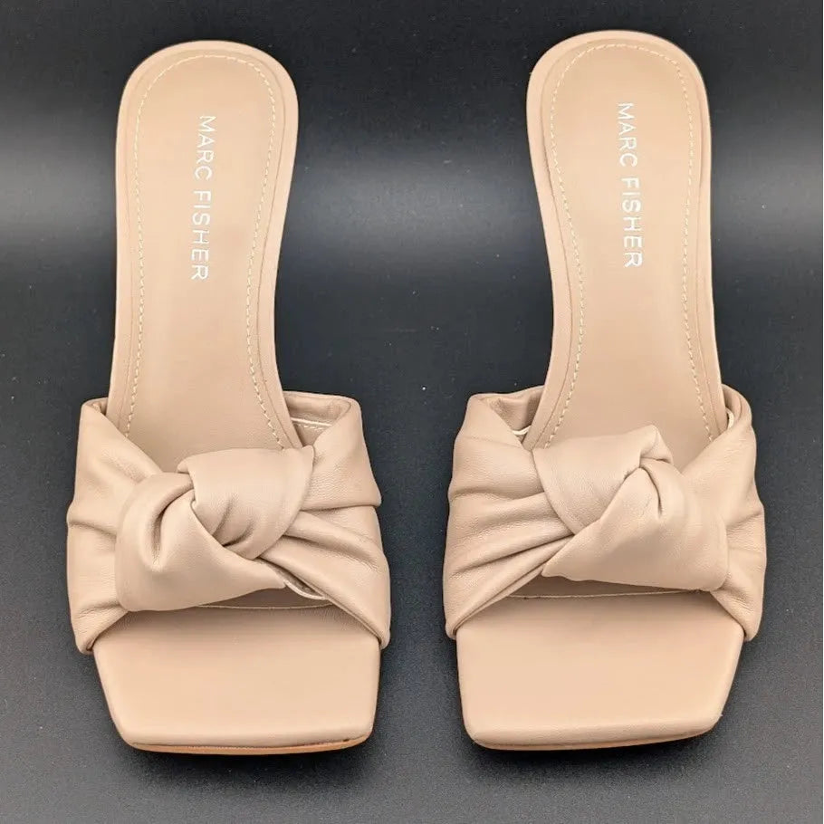 MARC FISHER DALIOT Beige/Tan Square Toe Mule Heeled Sandals with Knot Super Soft SoleComfort.shoes
