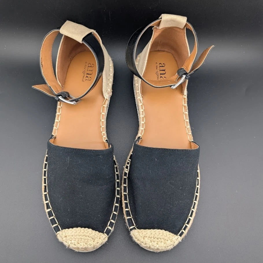a.n.a Womens Size 9.5M Clara Wedge Sandal Espadrilles w/ Rubber Soles - Black SoleComfort.shoes