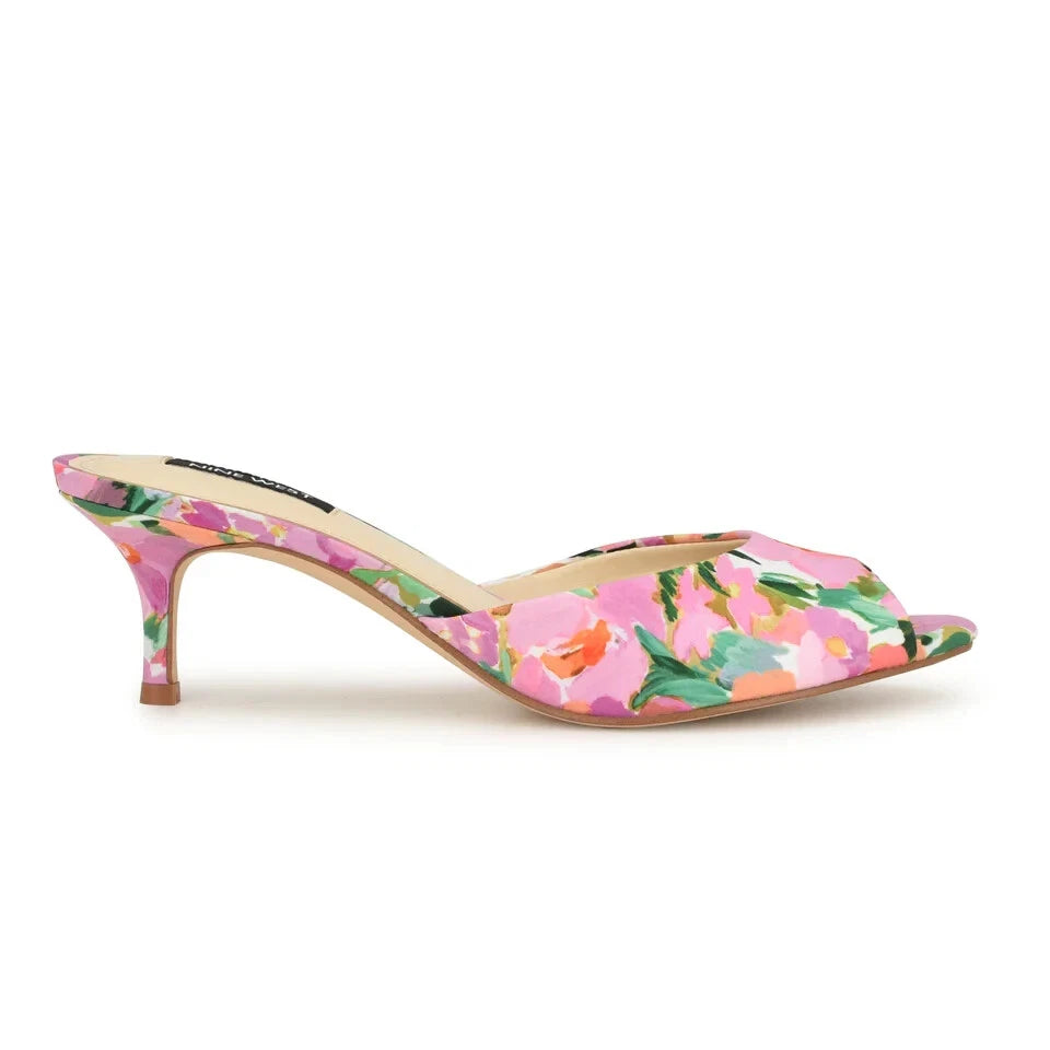 Pre-Owned Nine West Women's Luvlie Heeled Slide Sandal Size 9 Pink Floral Fabric
