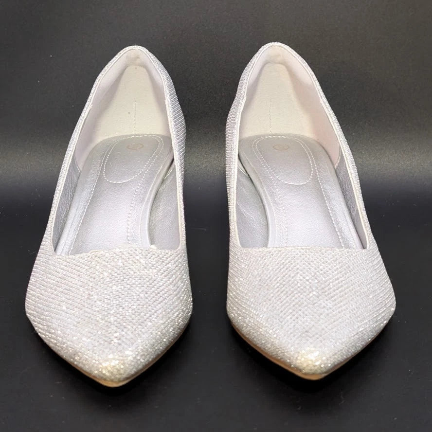 mysoft Womens Size 9 Silver Glitter Pumps 2” Kitten Heel Pointed Toe Dress Shoes SoleComfort.shoes