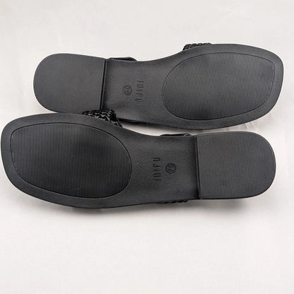 Women's Size 7.5 Black Open Toe Braided Ankle Strap Summer Sandals SoleComfort.shoes