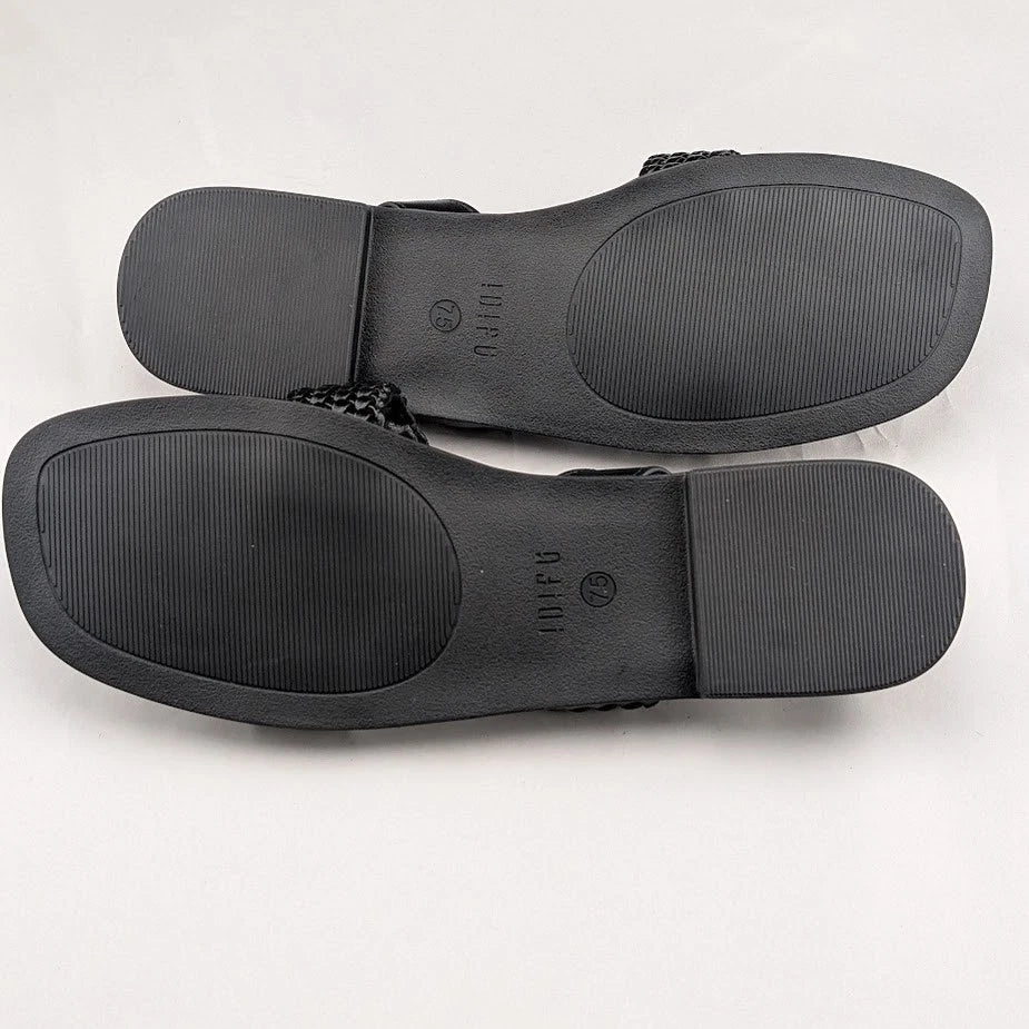 Women's Size 7.5 Black Open Toe Braided Ankle Strap Summer Sandals SoleComfort.shoes