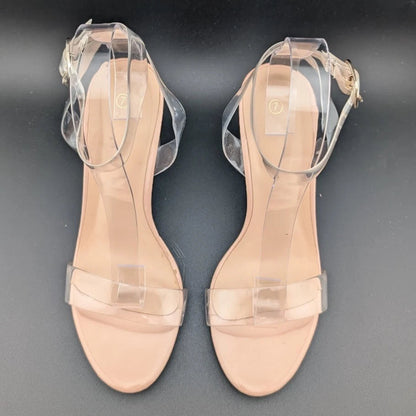 Women's Size 7 Clear Heeled Sandals Ankle Strap Block Chunky Heel Open Toe SoleComfort.shoes