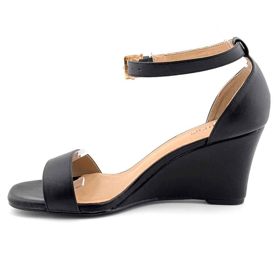 IDIFU Black Wedge Dress Sandal with Round Toe and Ankle Strap Size 8.5 SoleComfort.shoes