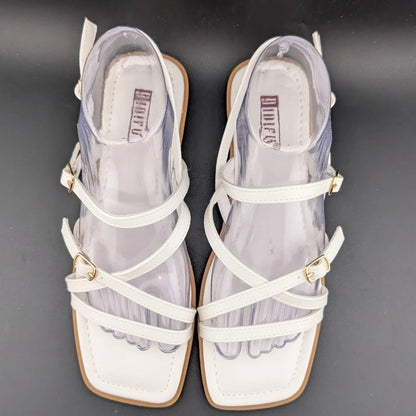 Women's Size 8 Square Toe Strappy Ankle Buckle Flat Sandals White SoleComfort.shoes